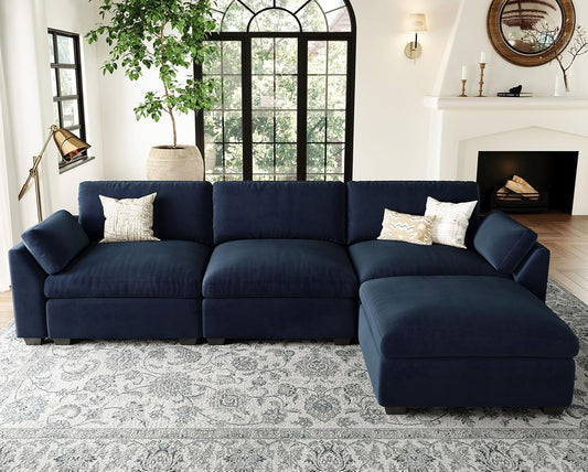 Belffin Extra Large Modular Sectional Sofa,106.3" 4-Seater L Shaped Couch,Velvet Convertible Sectional Couches for Living Room,Comfy Upholstered Modern Cloud Couch,Blue Sofa