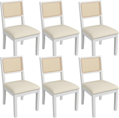 Westice Rattan Dining Chairs Set of 6, Farmhouse Natural Dining Room Chairs with Upholstered Cushion, Wood Armless Chairs for Kitchen/Restaurant, White