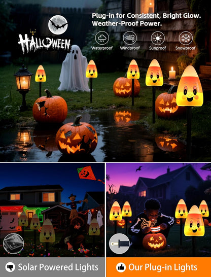 5 Pack Enchanting Candy Corn Pathway Lights Outdoor, UL Certified Plug-in Halloween Decorations, Whimsical Waterproof Yard Stakes for a Magical Trick-or-Treat Walkway & Festive Garden Party
