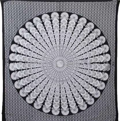 Bless International Handmade Indian hippie Bohemian Psychedelic Peacock Mandala Wall hanging College Dorm Beach Throws Table Cloth Bedding Tapestry (Black White, Queen(84x90Inches)(215x230Cms))