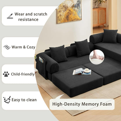 107" Oversized Convertible Sleeper Sofa Bed, Corduroy L Shape Sectional Couch, Folding Sofa Bed with Side Pocket, Modern Cloud Floor Mattress Couch, Modular Sofa for Living Room, Black