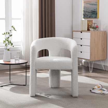 White Boucle Dining Chairs Set of 4, Modern Barrel Dining Room Chairs Upholstered Faux Fur Accent Chair with Arms and Round Back for Living Room Kitchen Armchair No Assembly Needed