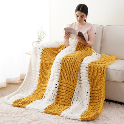 Battilo Chunky Knit Throw Blanket, Soft and Thick Chenille Throw Blanket, 50"x60" Handmade Cable Knit Crochet Blanket, Large Rope Knot Throw Blankets for Couch Sofa Bed Home Decor, Yellow & White