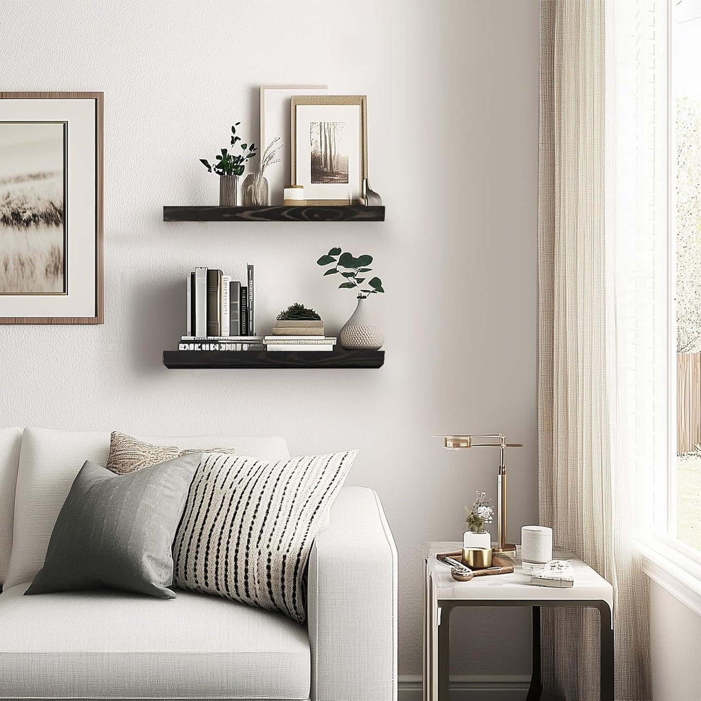 Floating Wall Shelves - 16"x6.8"x1.2" Sturdy Rustic Black Solid Wood Shelves for Storage and Décor, Easy Installation for Living Room, Bedroom, and Kitchen - 2 Pack