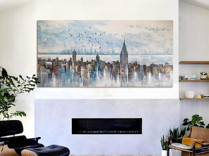 Arjun Cityscape Wall Art New York City Skyline Buildings Picture Modern Abstract Grey NYC Skyline Birds Painting Framed Artwork for Bedroom Living Room Bathroom Home Office Decor, Large Size 40"x20"