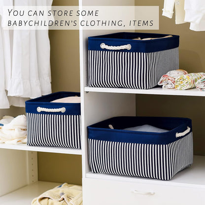 TcaFmac Storage Basket for Organizing - Large 4 Pack Foldable Storage Bins Baskets for Shelves with Ropes, Fabric Storage Cubes for Cloth Toy Gift Kids (Navy & White 16x12x8 inch)