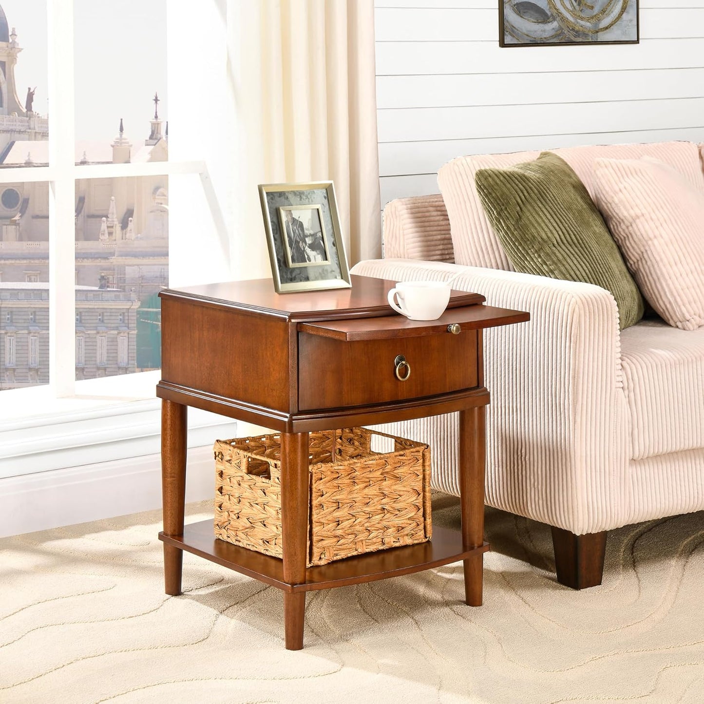 2 Tier Solid Wood Square End Table with Drawer, Wooden Sofa Side Table with Sliding Shelf & Lower Shelf, Nightstand Bedside Table for Living Room Bedroom, 19.7x17.7x22.8in