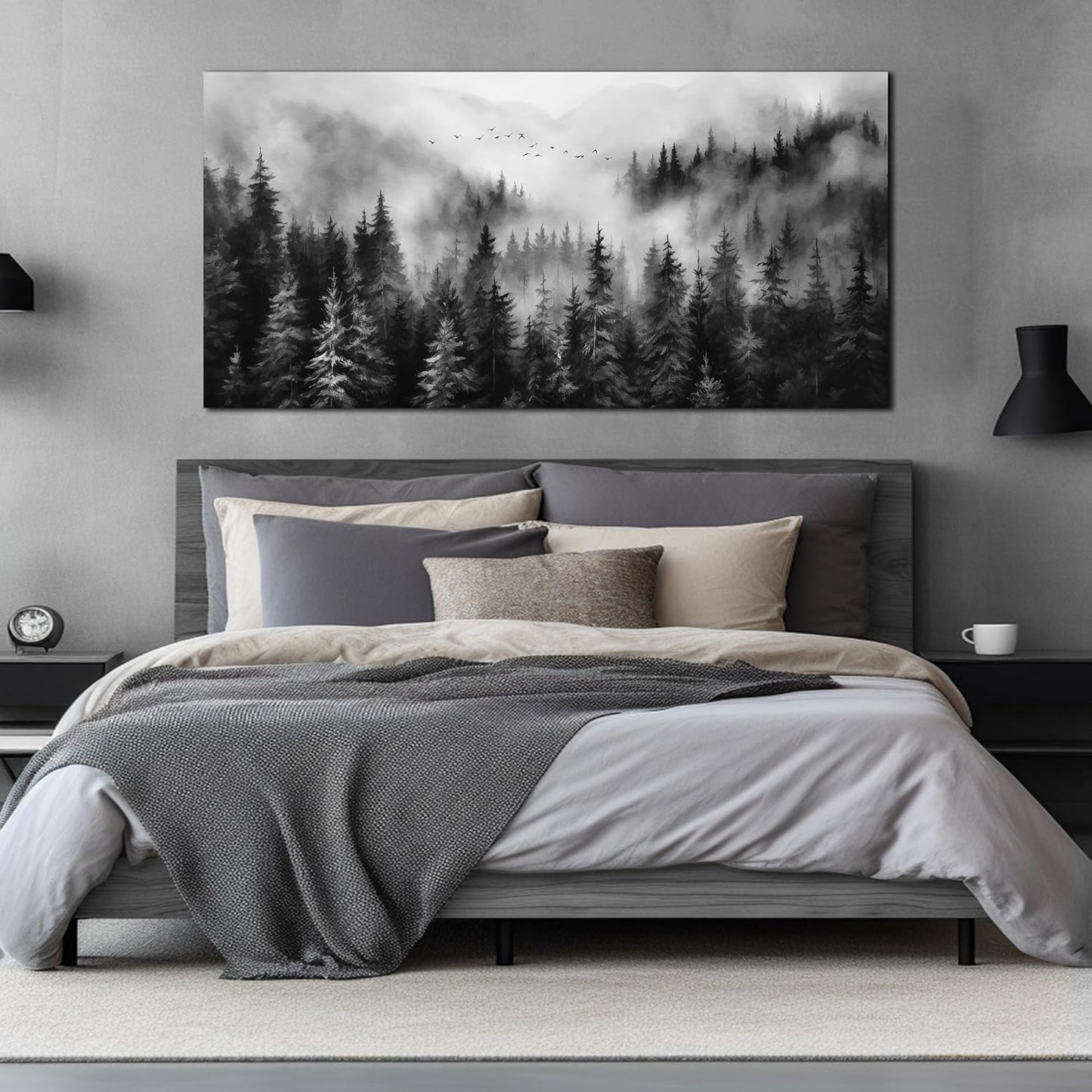 Large Pictures for Living Room Foggy Forest Canvas Wall Art for Bedroom Black Home Office Wall Decor 29 x 59 Inch