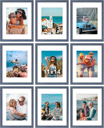 Vittanly 11x14 Picture Frames Set of 9, Shatter Resistant Plexiglass, Display 8x10 Pictures with Mat or 11x14 without Mat, Photo Frames for Wall or Tabletop, Engineered Wood, Navy