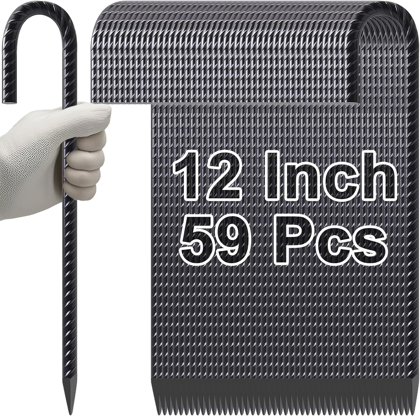 VVOKGO Rebar Stakes 12 Inches J Hook Heavy Duty Chain Link Fence Stakes, 59 Pcs Metal Long Tent Spikes Ground Anchors for Wire Fencing, Dogs Digging, Camping Tents, Swings, Greenhouse, Black