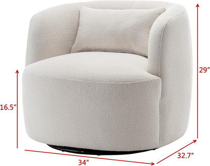 KINWELL 34" Wide Sherpa Swivel Barrel Chairs Set of 2, No Assembly Round Boucle Upholstered Accent Chairs Armchairs Single Sofa Chair with Toss Pillow for Living Room and Bedroom, Beige