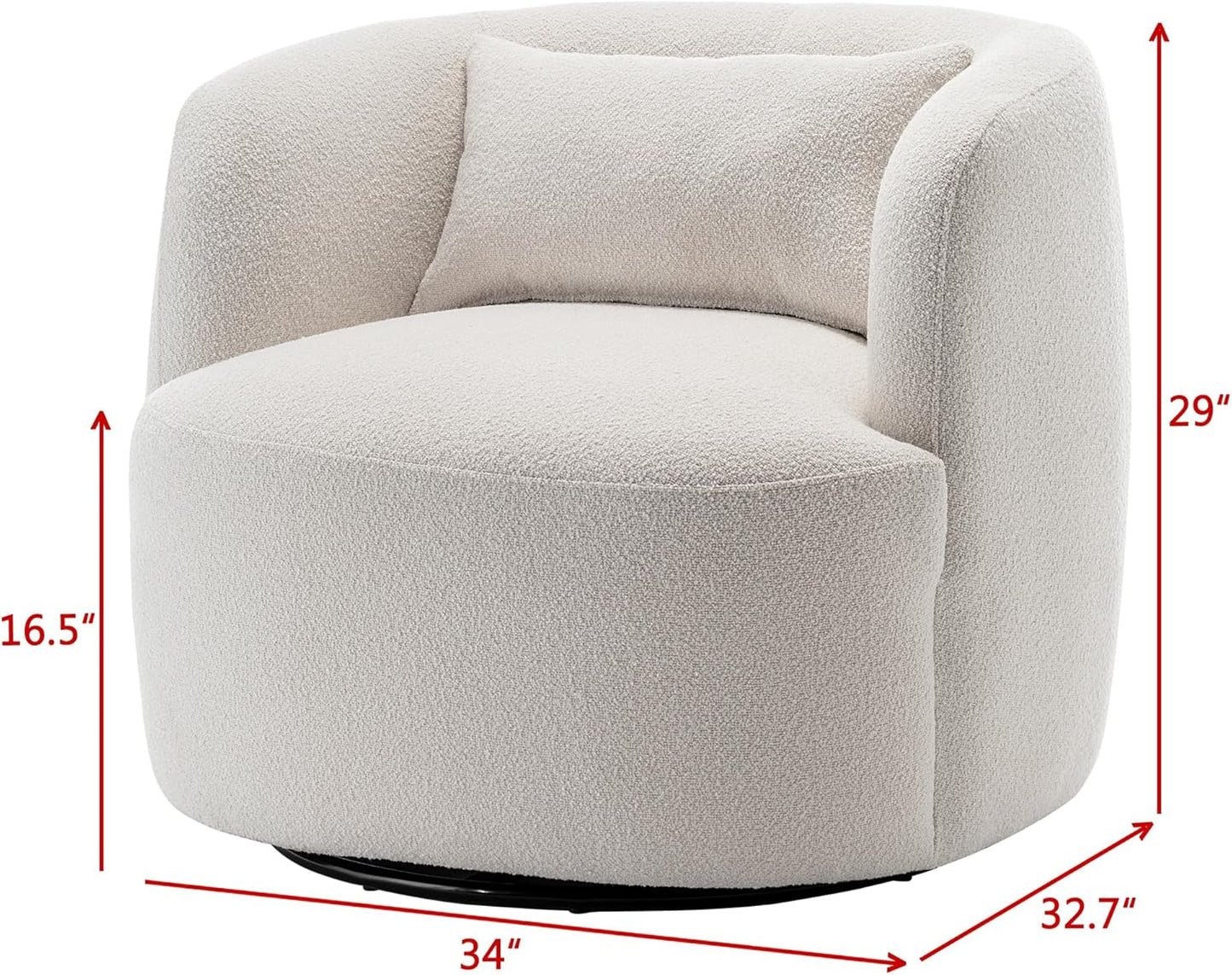 KINWELL 34" Wide Sherpa Swivel Barrel Chair, No Assembly Round Boucle Upholstered Accent Chair Armchair Single Sofa Chair with Toss Pillow for Living Room and Bedroom, Beige