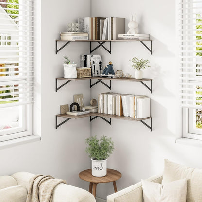 Heimlove 24" W x 12" D Wall Shelves for Books, 12 Inch Deep Floating Shelves Set of 3, Wide Floating Bookshelf with Metal Bracket for Living Room, Kitchen, Office, Bedroom and Decor Storage - Grey