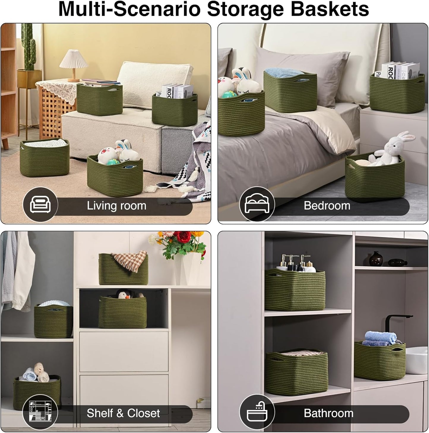 Storage Basket for Shelves, Small Baskets for Organizing, Woven Cotton Rope Baskets for Storage, Book Basket, Decorative Shelf Basket, 12.5"Lx9.1''Wx7.9''H (4 Packs) Green