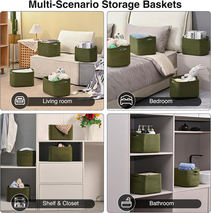 Storage Basket for Shelves, Small Baskets for Organizing, Woven Cotton Rope Baskets for Storage, Book Basket, Decorative Shelf Basket, 12.5"Lx9.1''Wx7.9''H (4 Packs) Green