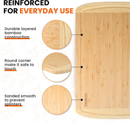 Bamboo Cutting Board Set – Charcuterie & Chopping Boards for Kitchen, Large & Small Sizes, Safe Cutting Boards for Meat, Cheese, Pizza – Home & Kitchen Gift Idea
