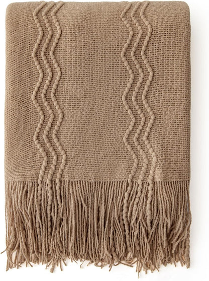 MIULEE Tan Taupe Knitted Throw Blanket for Couch Boho Textured Cozy Woven Blanket with Tassels for Sofa Chair Bed Living Room Farmhouse Home Decor Acrylic Wave Pattern 50"x60"