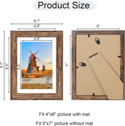 5x7 Picture Frame Set of 4, 5 x 7 Wood Photo Frames with Mat for 4x6, Natural Wooden Frame with Real Glass Cover for Wall and Tabletop Display,Rustic Brown