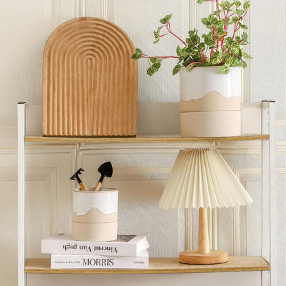 Nihow Self Watering Plant Pot for Indoor Plants: 4.5+6 Inch Ceramic Planter with Drainage Hole & Water Storage Plus - Cylinder Flower Pot with Wick for Herbs -White & Nature