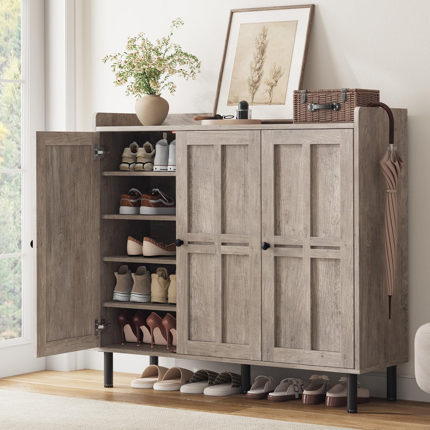 ComfyCorner Shoe Cabinet with 3 Doors, Shoe Rack for Entryway, Washed Gray