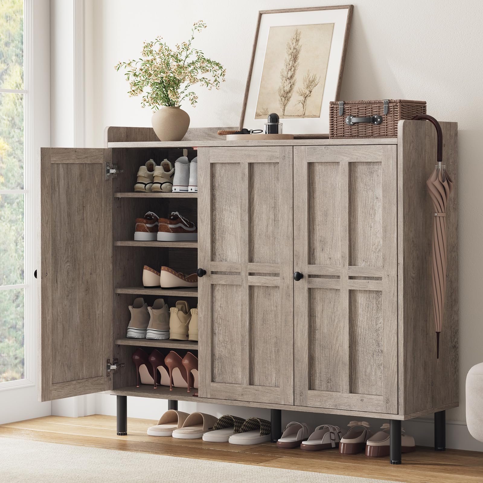 ComfyCorner Shoe Cabinet with 3 Doors, Shoe Rack for Entryway, Washed Gray