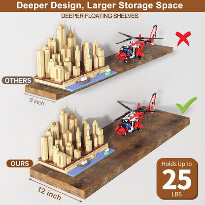12 Inch Deep Floating Shelves for Wall 2 Pack Floating Shelves Large Storage Space Wall Mount Shelf for Living Room Kitchen Bathroom 30" W x 12" D x 1.2" H Rustic Brown