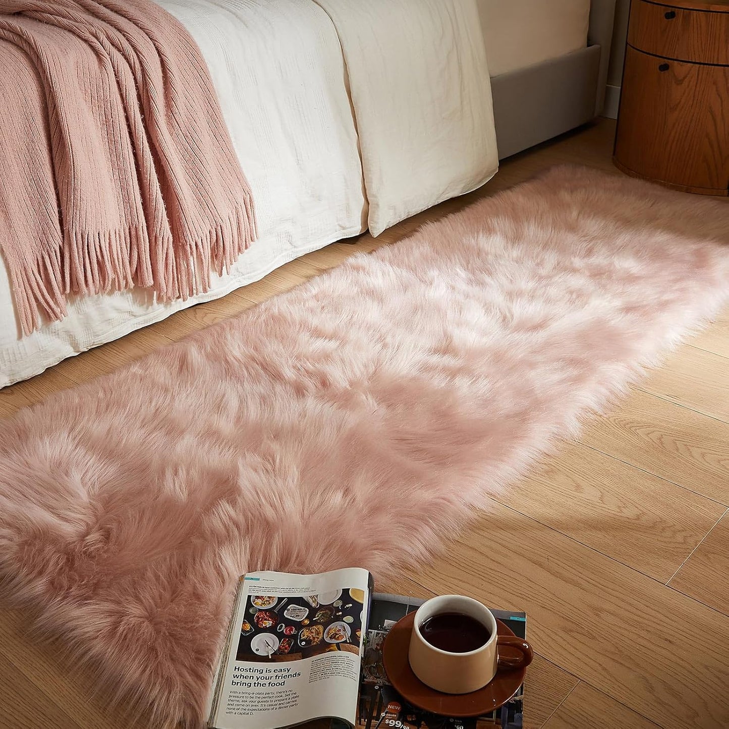 AMTOVO Faux Fur Rug, Pink Ultra Soft Fluffy Shag Sheepskin Rug, 2 x 6 ft Runner Area Rugs for Bedroom Sofa Throw Cushion Room Decor, Rectangle