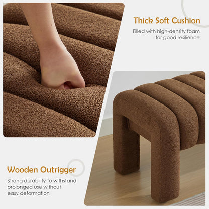 63" Bedroom Bench, Upholstered Entryway Bench, Modern End of Bed Ottoman with Solid Wood Legs and Adjustable Foot Pegs for Entryway, Dining Room and Living Room (Brown Boucle)