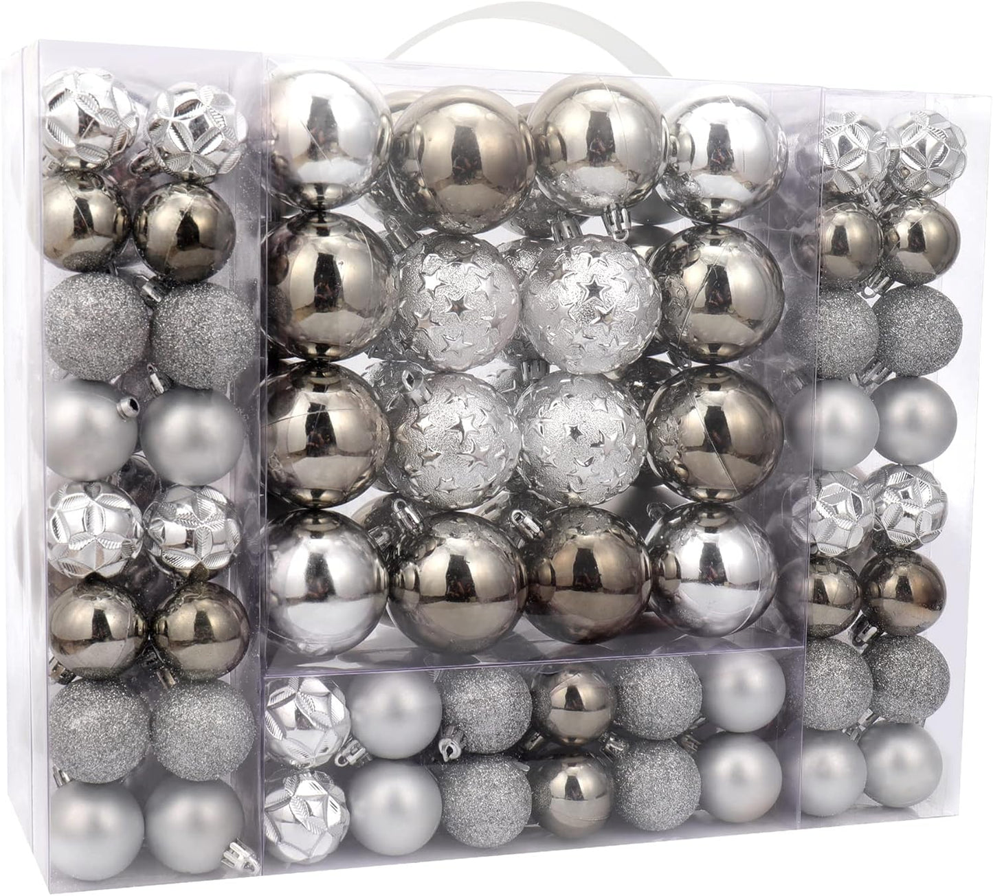 87ct Christmas Ball Ornaments Set Shatterproof Seasonal Hanging Decorations with Reusable Hand-held Gift Package for Xmas Tree Holiday Party and Home Decor, Silver