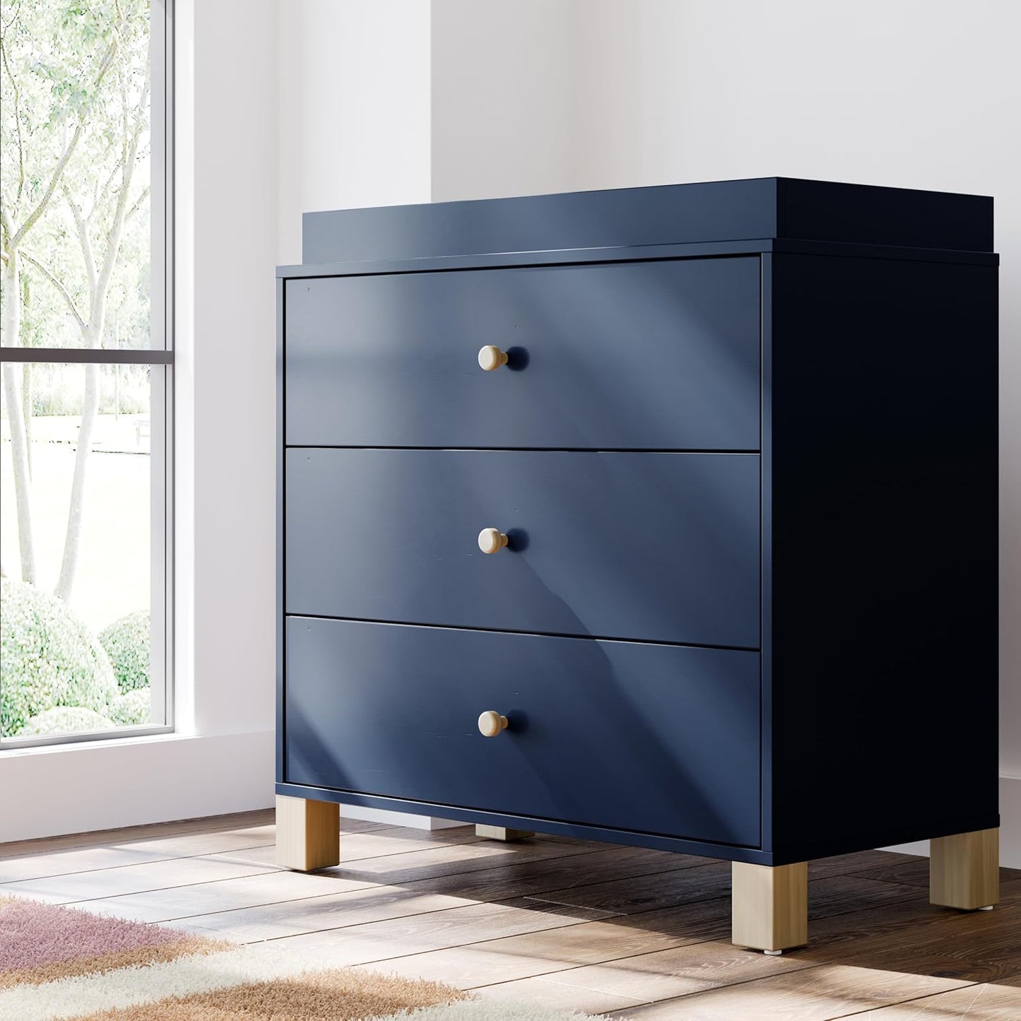 Storkcraft California 3-Drawer Chest with Removable Changing Topper (Midnight Blue with Driftwood) – GREENGUARD Gold Certified, Interlocking Drawer System, Pre-Installed Tracks, Easy Assembly