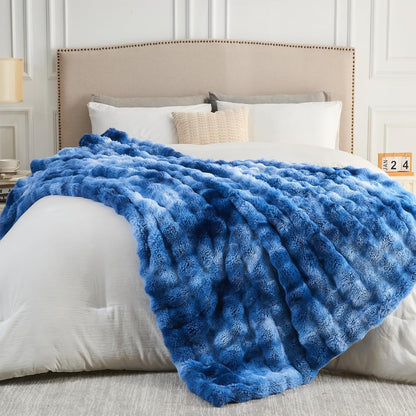NEWCOSPLAY Faux Fur Twin Blanket Indigo Luxury Fluffy Thick Warm Bubble Blanket for Couch Sofa Bed 700GSM (Indigo, Twin(60"x80"))