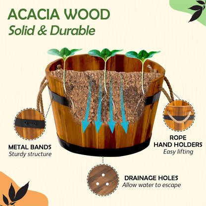 IDZO Set of 3 Wooden Flower Boxes Outdoor, Durable Acacia Wood Barrel Planters for Outdoor Plants with Ergonomic Handles, Drainage Holes, Multiple Sizes Wood Bucket Planter for Home Décor