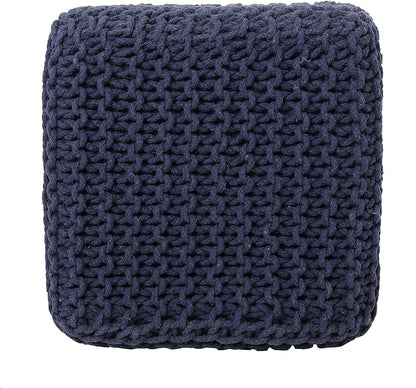 REDEARTH Square Hand Knitted Pouf - Foot Stool Ottoman Coffee Table - Cotton Cord Boho Pouffe - Poof Accent Footrest for Living Room - Bedroom - Library (16" x 16" x 16") - Navy Blue