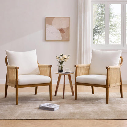 Braid Accent Chair for Living Room Bedroom Reading Room, Rattan Modern Boho Armchair with Solid Wooden Armrest & Frame and Cushions