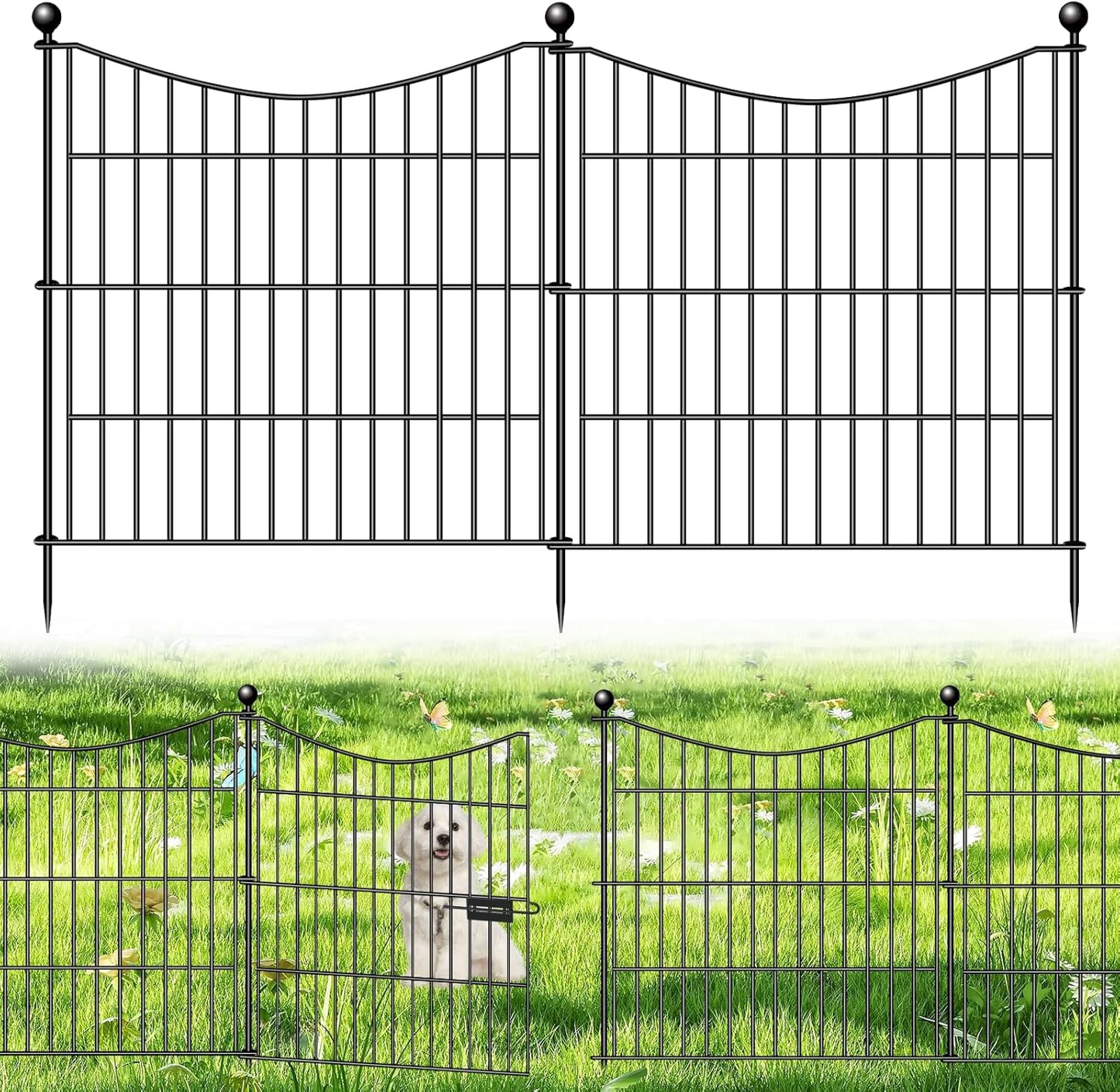 10 Panels Decorative Garden Fence with Gate, 24 in(H) X 20 ft(L) No Dig Dog Fence Animal Barrier Outdoor for Yard, Rustproof Metal Garden Edging and Borders, Temporary Fencing Stakes