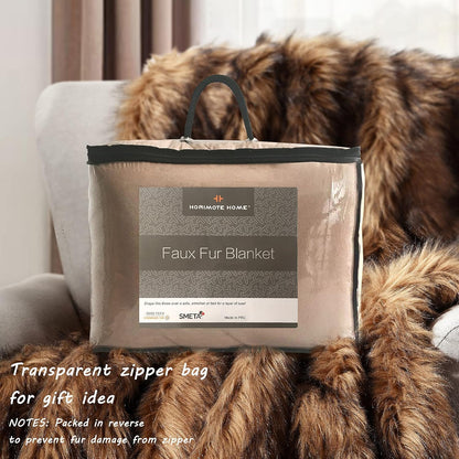 Luxury Plush Faux Fur Throw Blanket, Long Pile Brown with Black Tipped Blanket, Super Warm, Fuzzy, Elegant, Fluffy Decoration Blanket Scarf for Sofa, Armchair, Couch and Bed, 50''x 60''