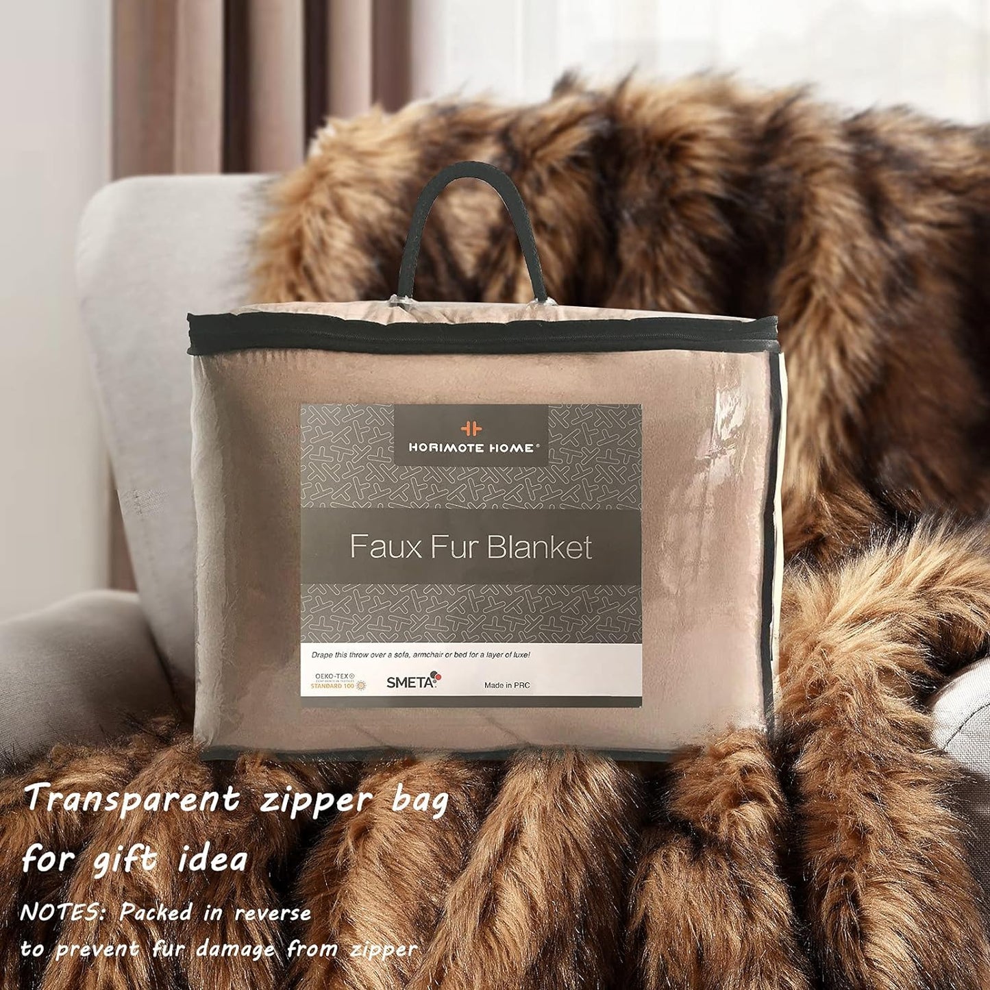 Luxury Plush Faux Fur Throw Blanket, Long Pile Brown with Black Tipped Blanket, Super Warm, Fuzzy, Elegant, Fluffy Decoration Blanket Scarf for Sofa, Armchair, Couch and Bed, 60''x 80''