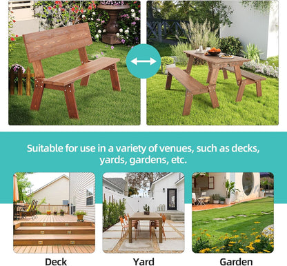 AVAWING Outdoor Convertible Wood Bench with Backrest, Patio Wood Convert a Bench, Space-Saving 2-in-1 Picnic Table Chairs Set for Backyard, Porch, Patio, Garden, Brown