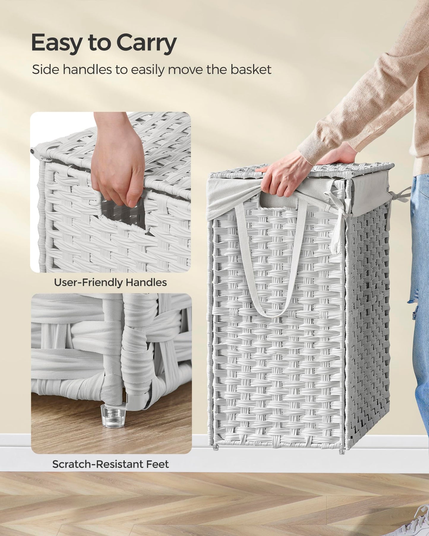 SONGMICS Laundry Hamper with Lid, 23.8 Gallon (90 L) Synthetic Rattan Clothes Laundry Basket with