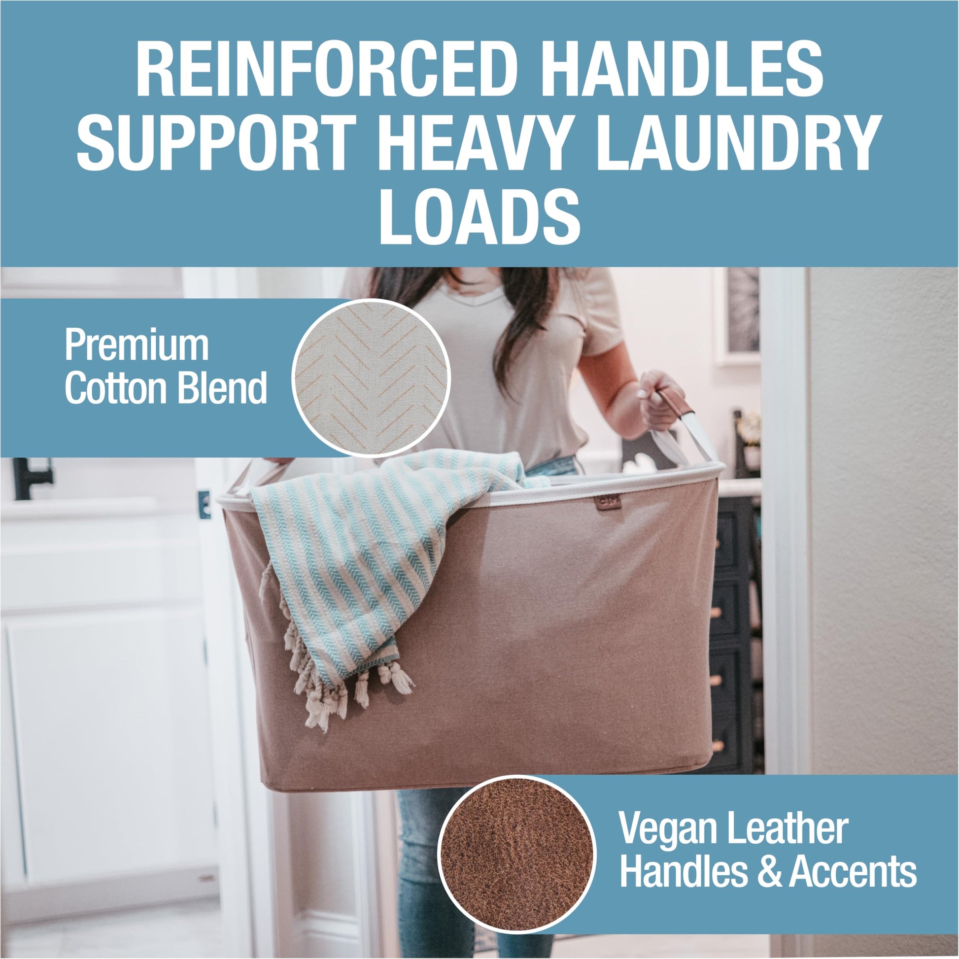 Collapsible Fabric Laundry Basket Premium, Cream Herringbone, 2 Pack