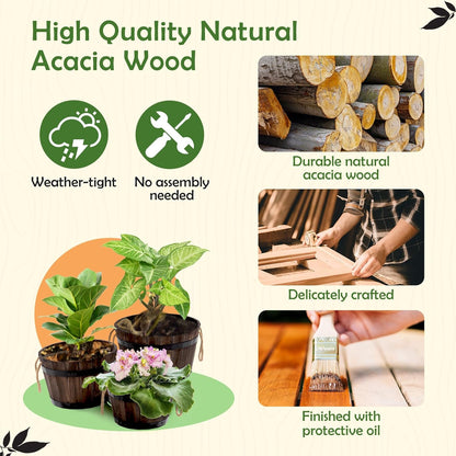 IDZO Set of 3 Wooden Flower Boxes Outdoor, Durable Acacia Wood Barrel Planters for Outdoor Plants with Ergonomic Handles, Drainage Holes, Multiple Sizes Wood Bucket Planter for Home Décor