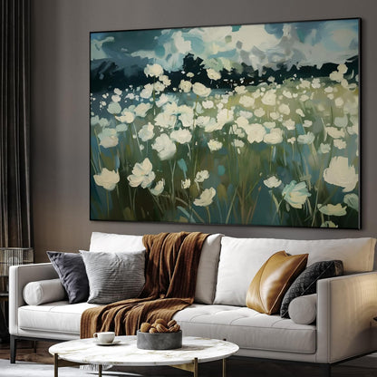 SIGNWIN 60"x72" Extra Large Framed Wall Art White Wildflower Field in Impressionist Style, Soft Floral Landscape for Home Living Room Bedroom Decor (Frame Assembly Required)