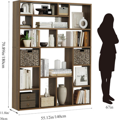 BLANKSPACE 71'' H 6-Tier Large Bookcase, Heavy Duty Storage Shelf - Freestanding Organizer for Bedroom 2 Woven Baskets, Home Office, Living Room, Brown Walnut