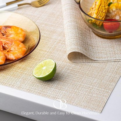 Placemats Set of 8 - Easy Clean Woven Vinyl Placemat for Dining Table, Indoor/Outdoor Place Mats, Washable PVC Table Mats（Beige）