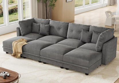 LLappuil Modular Sectional Sofa with Storage Seats, Corduroy Convertible Modular U Shaped Sectional Couch for Living Room, 8 Seat Oversized Sofa with 6 Back Cushion 6 Throw Pillow, Grey