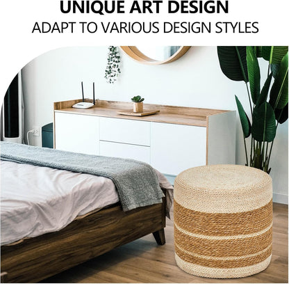 Cplxroc Ottoman Poof, Natural Seagrass Poufs, Hand Weave Round Footstool, Pouffe Accent Chair, Home Decorative Seat, Boho Deco Floor Chair for Living Room, Bedroom (18inch 68LG)