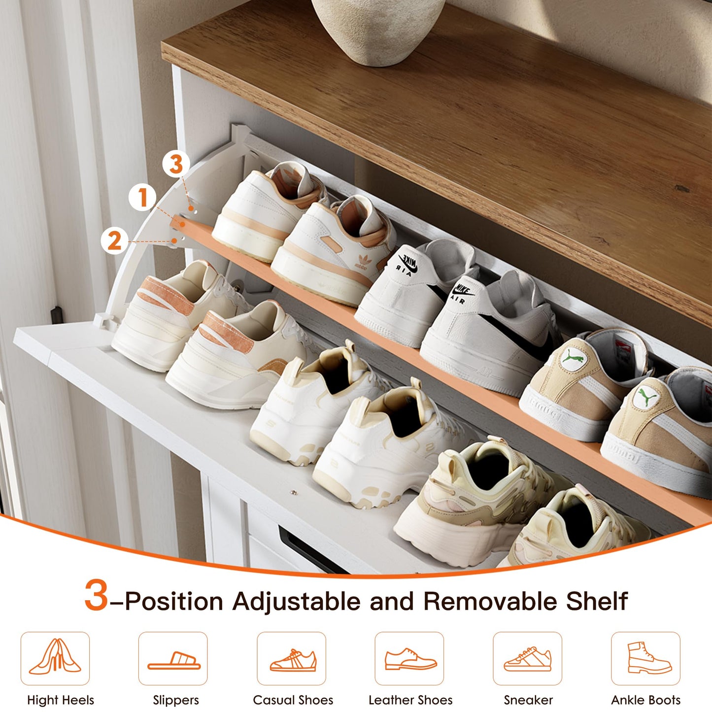 Nicetree Shoe Cabinet, 3 Flip Drawers & Adjustable Shelves, Ultra Slim Freestanding (9.1” Deep)