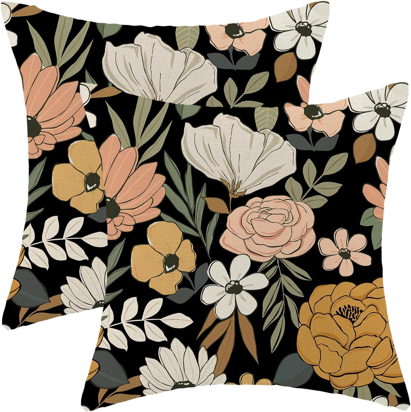 CXMEIFLY Spring Floral Pillow Covers 16 x 16 Inch Set of 2 for Vintage Pink Mustard Yellow Cream Flowers Decor Throw Pillows Plant Black Outdoor Decorative Cushion Cases for Couch Bed Decorations