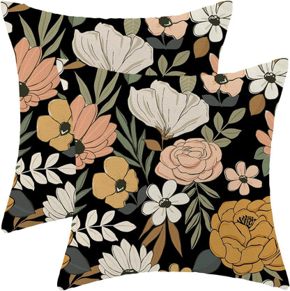 CXMEIFLY Spring Floral Pillow Covers 16 x 16 Inch Set of 2 for Vintage Pink Mustard Yellow Cream Flowers Decor Throw Pillows Plant Black Outdoor Decorative Cushion Cases for Couch Bed Decorations