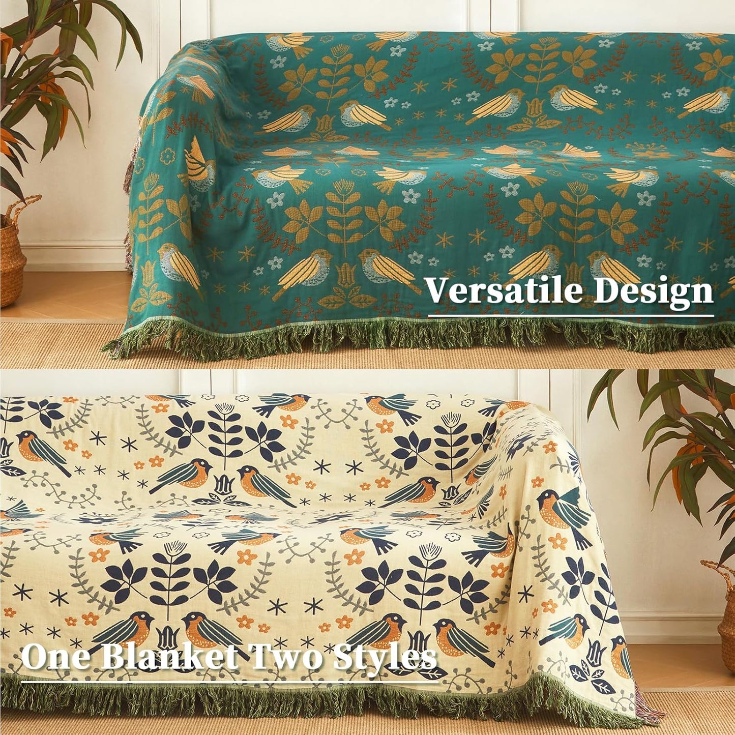 Cotton Throw Blanket Ultra Soft Bed Throw Reversible Queen Size Blanket for Bed Farmhouse Decor Sofa Cover Multifunctional use (60"x80",01-Cute Bird)